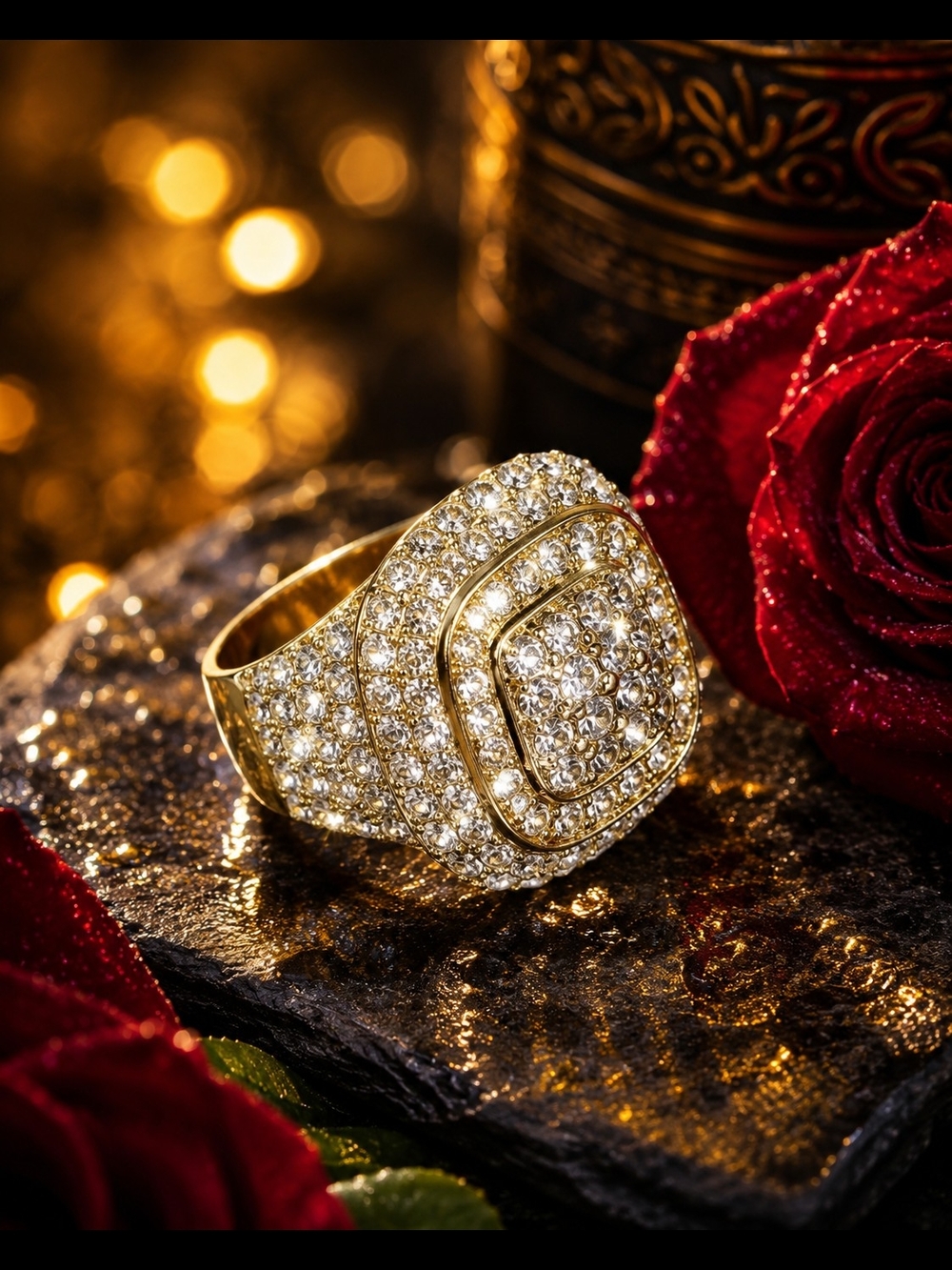 Men’s Gold Tone Rhinestone Iced Out Statement Ring Size 8